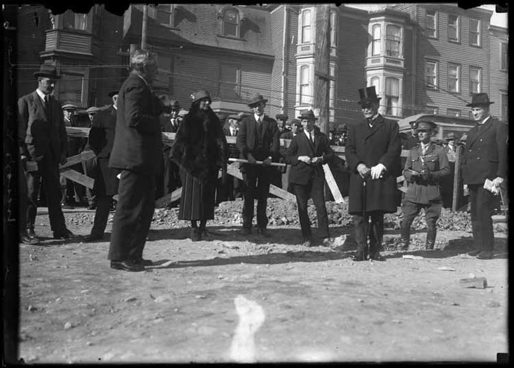 Ceremonial preparations for blasting at the construction site of the National War Memorial, St. John's, Oct. 1923