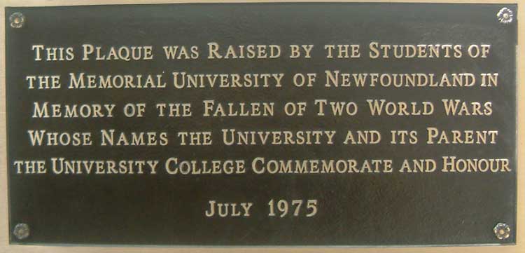 Plaque raised by the students of the Memorial University of Newfoundland